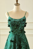 Glitter Dark Green Spaghetti Straps Lace Flower Long Corset Prom Dress