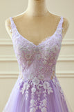 Lilac A-Line Spaghetti Straps Tulle Long Prom Dress with Appliques