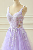 Lilac A-Line Spaghetti Straps Tulle Long Prom Dress with Appliques