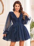 Navy Blue A Line V Neck Short Homecoming Dress with Long Sleeves