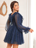 Navy Blue A Line V Neck Short Homecoming Dress with Long Sleeves