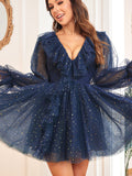 Navy Blue A Line V Neck Short Homecoming Dress with Long Sleeves