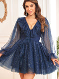 Navy Blue A Line V Neck Short Homecoming Dress with Long Sleeves