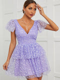 Champagne A Line V Neck Short Graduation Homecoming Party Dress