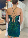 Glitter Dark Green Feather V Neck Short Homecoming Dress