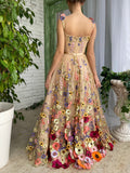 Beige Sweetheart A Line Embroidery Long Prom Dress With 3D Flowers
