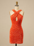 Sequins Cross Neck Orange Beading Bodycon Homecoming Dress