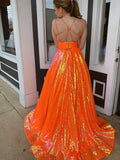 Glitter Pink V Neck Sequins Long Prom Dress