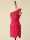 Pink One Shoulder Glitter Tassels Short Homecoming Dress