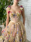 Beige Sweetheart A Line Embroidery Long Prom Dress With 3D Flowers