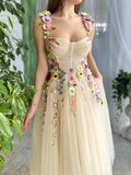 Corset A-Line Champagne Backless Midi Prom Dress With 3D Flowers