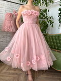 Corset A-Line Pink Strapless Midi Prom Dress With 3D Flowers