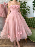Corset A-Line Pink Strapless Midi Prom Dress With 3D Flowers