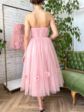Corset A-Line Pink Strapless Midi Prom Dress With 3D Flowers