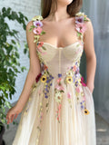 Corset A-Line Champagne Backless Midi Prom Dress With 3D Flowers