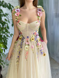 Corset A-Line Champagne Backless Midi Prom Dress With 3D Flowers