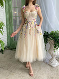 Corset A-Line Champagne Backless Midi Prom Dress With 3D Flowers