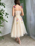 Corset A-Line Champagne Backless Midi Prom Dress With 3D Flowers