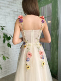 Corset A-Line Champagne Backless Midi Prom Dress With 3D Flowers