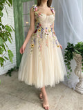 Corset A-Line Champagne Backless Midi Prom Dress With 3D Flowers