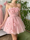 Tulle Pink Corset Strapless Short Homecoming Dress