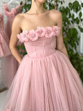 Corset A-Line Pink Strapless Midi Prom Dress With 3D Flowers
