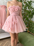 Tulle Pink Corset Strapless Short Homecoming Dress