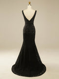 Glitter Mermaid V Neck Sleeveless Black Beading Long Prom Dress with Sequins