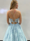Light Blue Spaghetti Straps A Line Lace Long Prom Dress