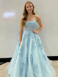 Light Blue Spaghetti Straps A Line Lace Long Prom Dress