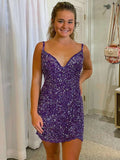 Sparkly Purple V Neck Homecoming Short Dress