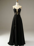 A-Line Chiffon Black Prom Dress with Appliques