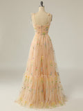 A Line Champagne Tulle Long Prom Dress
