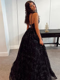 Black V Neck Glitter Tulle Long Prom Dress