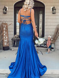 Sparkly Mermaid Royal Blue V Neck Long Prom Dress with Sequins