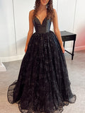 Black V Neck Glitter Tulle Long Prom Dress