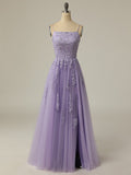 A Line Purple Embroidery Tulle Long Prom Dress