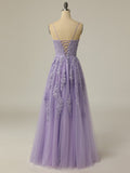A Line Purple Embroidery Tulle Long Prom Dress