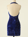Sequins Royal Blue Halter Homecoming Tight Short Dress
