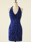 Sequins Royal Blue Halter Homecoming Tight Short Dress
