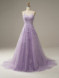 A Line Purple Spaghetti Straps Lace Long Prom Dress