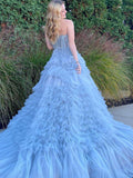 Blue A-Line Strapless Tiered Long Prom Dress