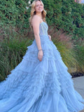 Blue A-Line Strapless Tiered Long Prom Dress