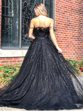 A Line Sequins Strapless Black Long Prom Dress