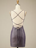 Glitter Sleeveless Spaghetti Straps Halter Purple Bodycon Homecoming Short Dress