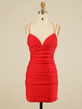 Satin V Neck Spaghetti Straps Blue Short Homecoming Dress