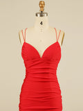 Satin V Neck Spaghetti Straps Red Short Homecoming Dress