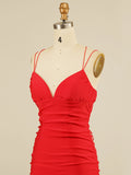 Satin V Neck Spaghetti Straps Red Short Homecoming Dress