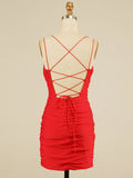 Satin V Neck Spaghetti Straps Blue Short Homecoming Dress