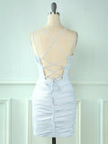 Satin V Neck Spaghetti Straps Blue Short Homecoming Dress